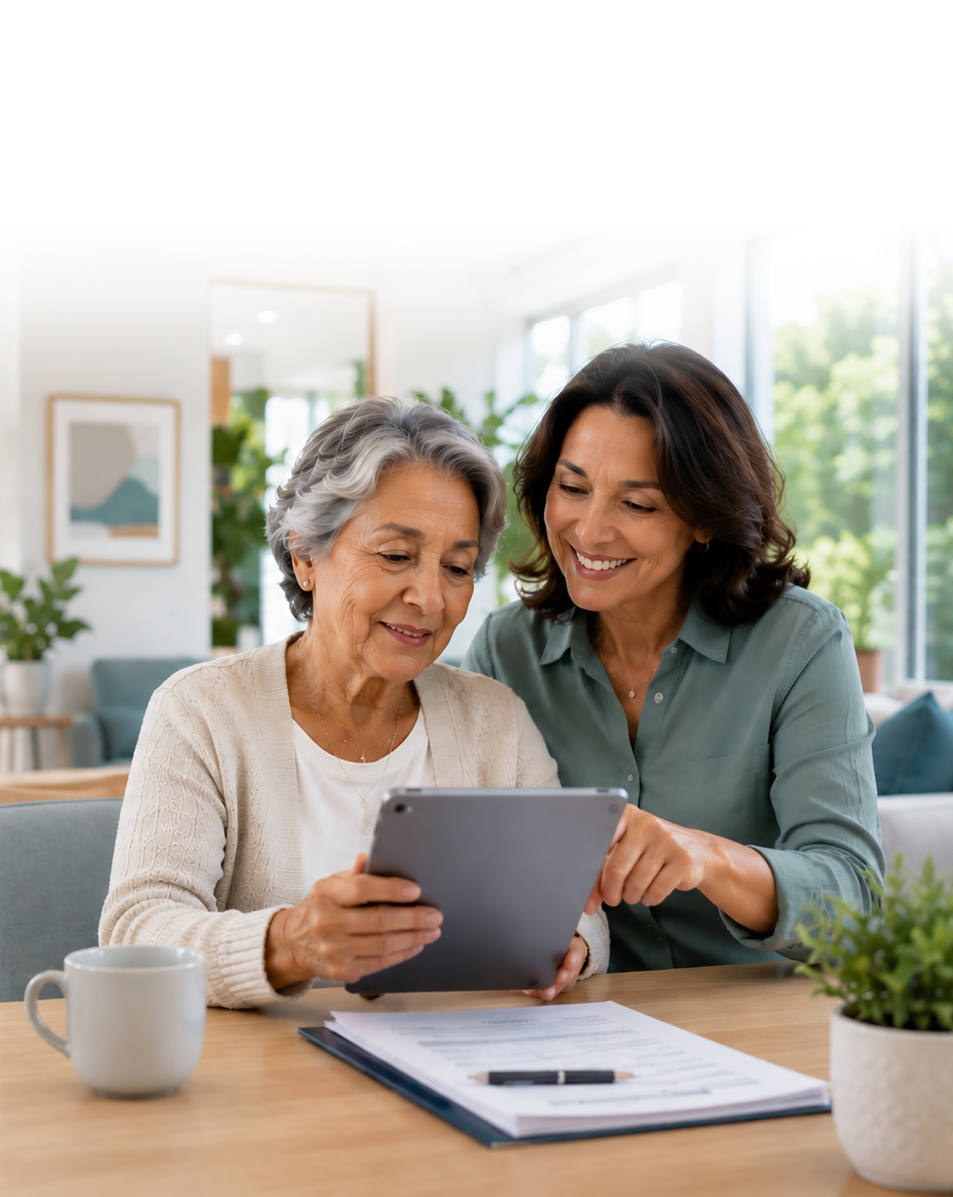 A mother and daughter looking at a tablet together at home