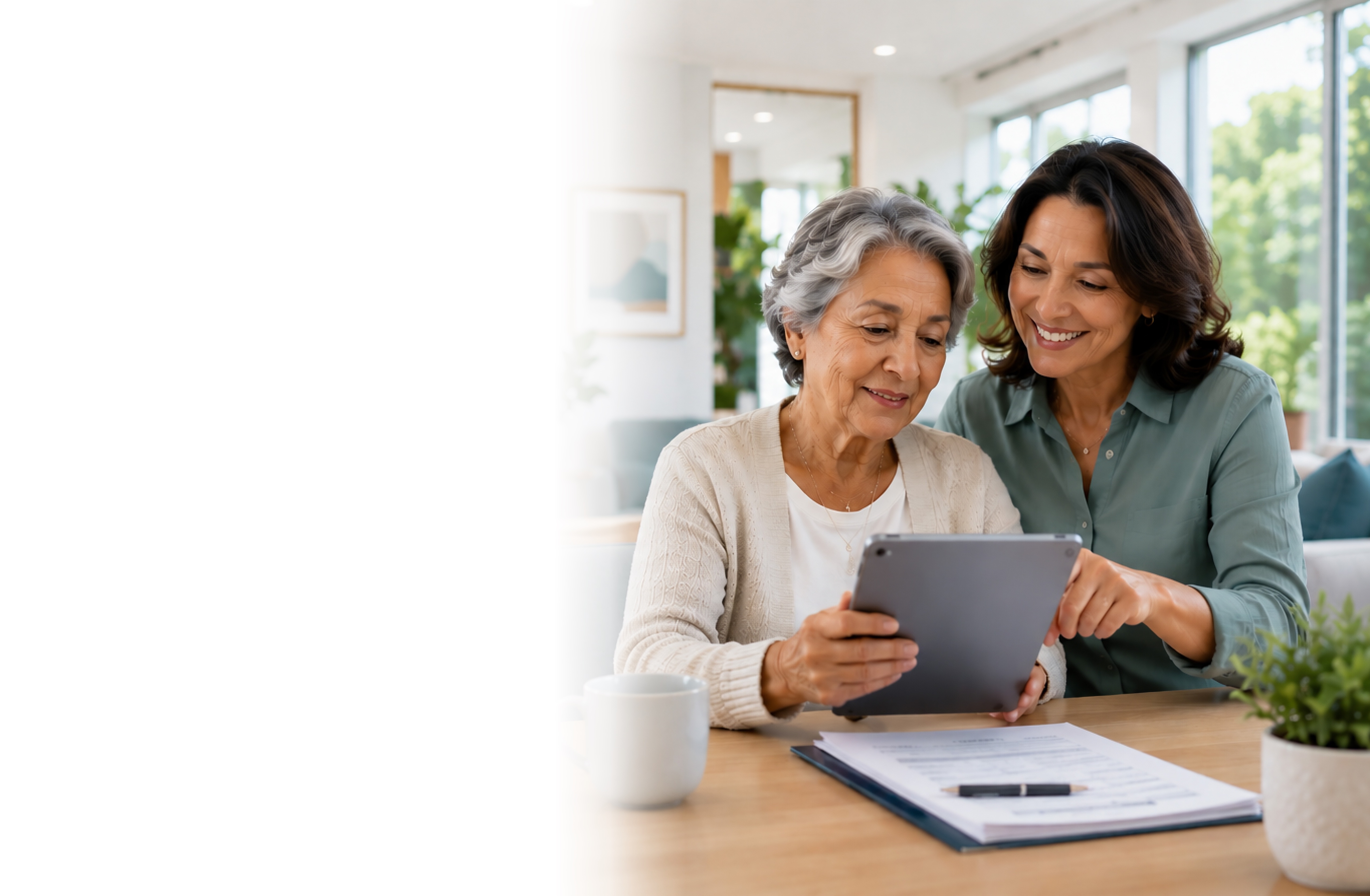 A mother and daughter looking at a tablet together at home